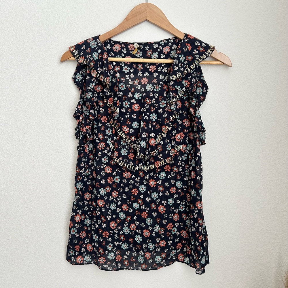 Leifsdottir Floral Beaded Ruffle Blouse Size 0